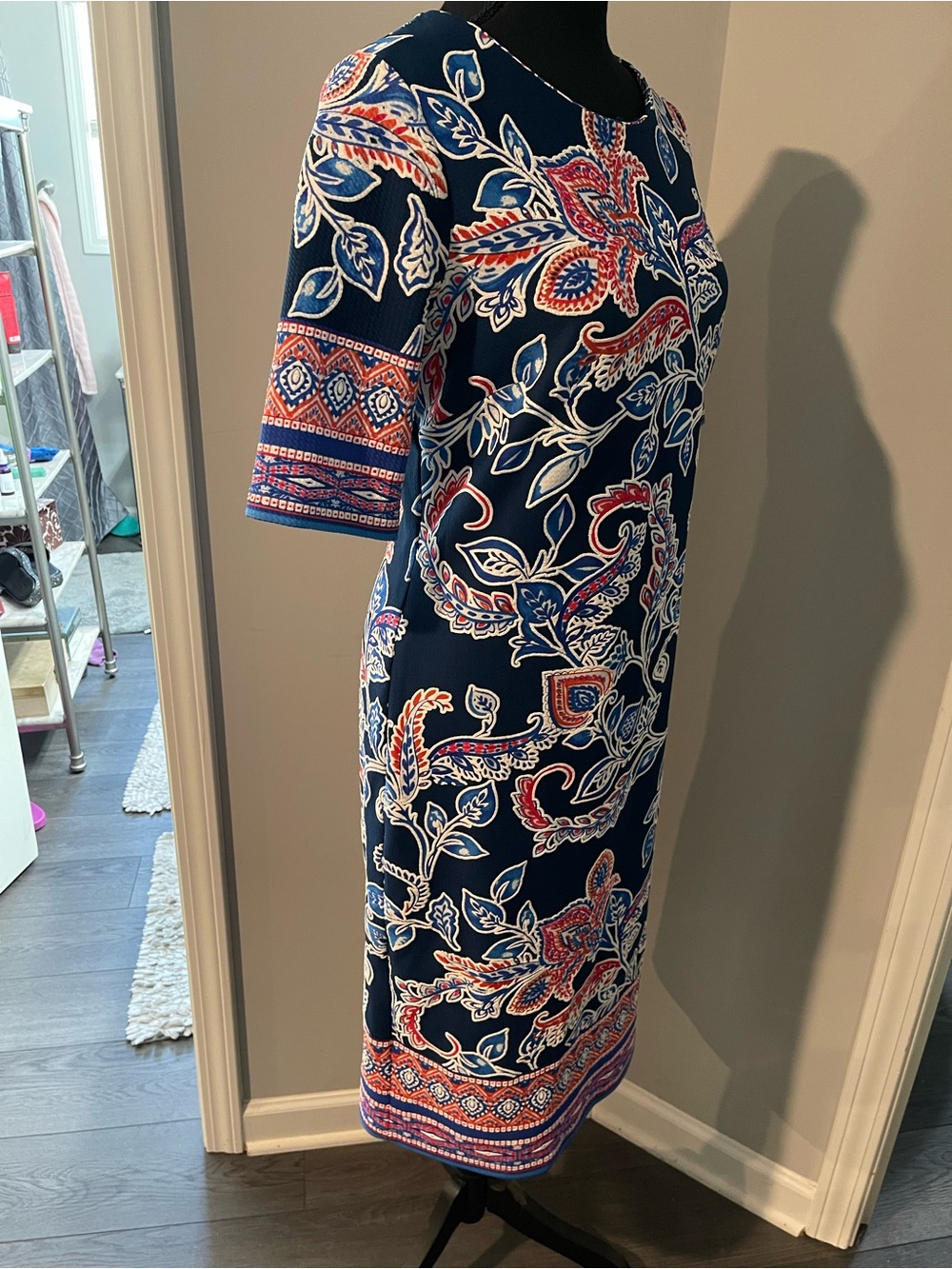 Shelby & Palmer Navy Paisley Floral Midi Dress with Red & White Accents